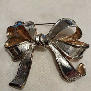 Large Gold & Silver Tone Bow Brooch Pin vintage